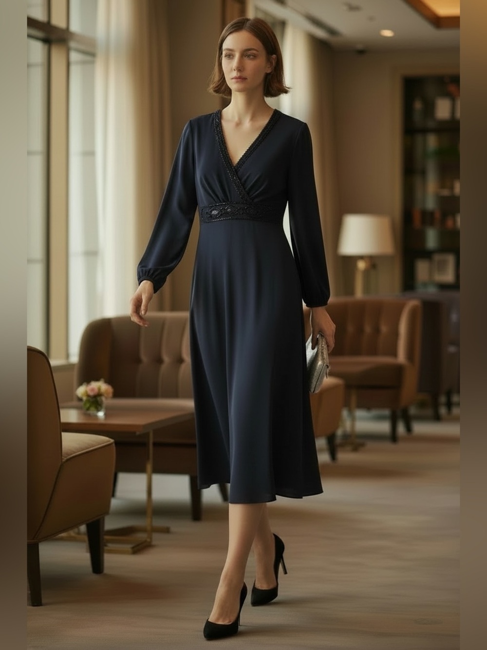 Talbots Beaded Empire Waist Midi Dress | Navy Blue Petite 8